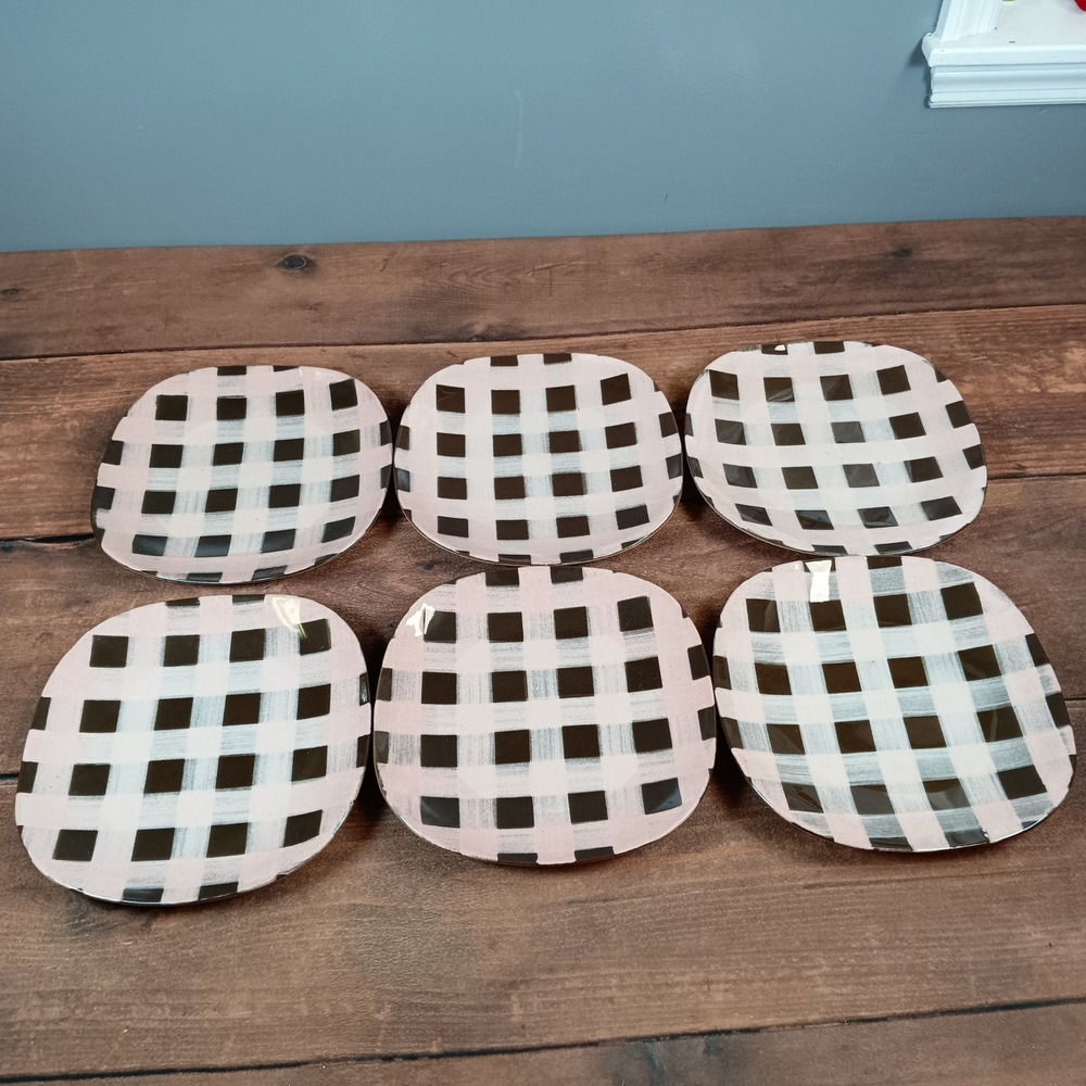 Santa Anita Ware Turnabout Plates Set of 6 Pink Black Gingham MCM Excellent 6in